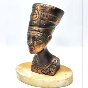 Vintage Egyptian Queen Nefertiti Brass Statue On Marble Base Figure Paperweight